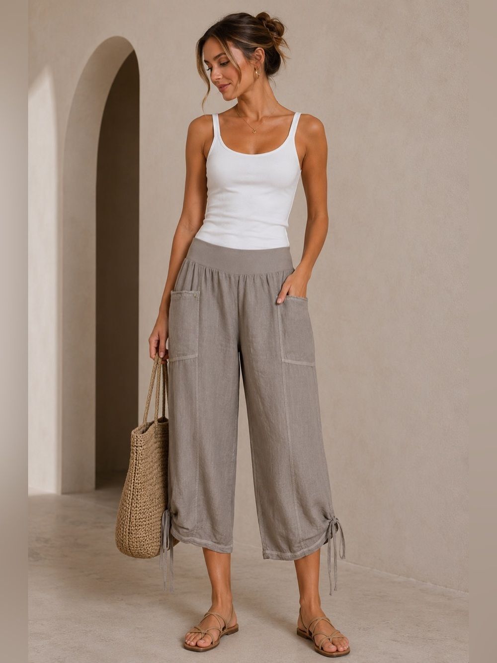 Driver Women’s Linen Taupe Cropped Pants Sz M Elastic Waist Pockets *See Notes
